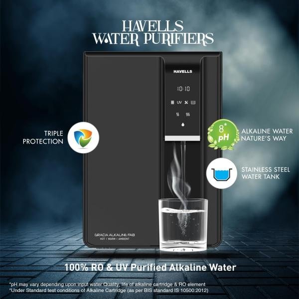 Havells Gracia FAB Alkaline Water Purifier (Black), RO+UV+Alkaline, Hot, Warm & Ambient Water, Copper+Zinc+Minerals, 9 Stage Purification, 6.5L SS Tank